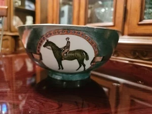 VINTAGE WBI HANDPAINTED CERAMIC CHINESE BOWL POLO PLAYERS HORSES 10" 1950s - Picture 1 of 8