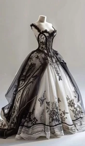 Black/White Prom Dress Fantasy Floral Lace Appliques Corset Victoria Cosplay - Picture 1 of 7