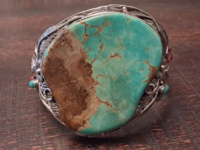 Gorgeous HUGE Sterling Silver Turquoise And Coral Southwestern Cuff Bracelet - Image 1 of 4