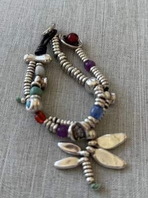 Uno De 50 Dangling Dragonfly Beaded Double Stand Silver Plated Charm Bracelet - Imagem 1 de 4