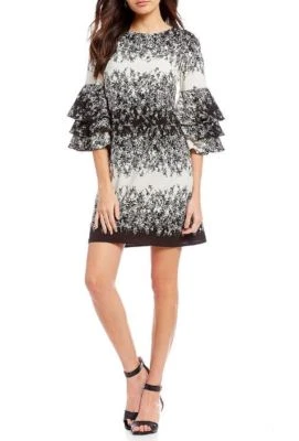 Leslie Fay Black Ivory Printed Tiered Bell Sleeve Short Dress Plus Size 20W - Image 1 of 2