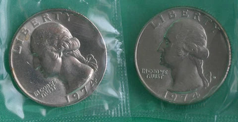 1974 P and D Washington Quarter TWO Coins from US Mint Uncirculated Set BU Cello Cover