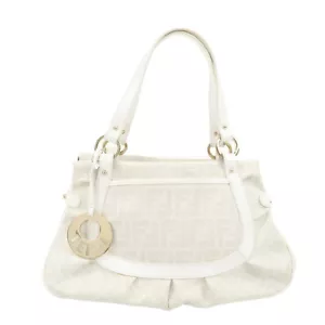 Auth FENDI Zucca PVC Leather Shoulder Bag White Gold Hardware 8BR628 Used F/S - Picture 1 of 24