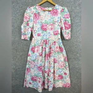 80s Vintage Handmade Floral Dress Size 10 Pink Green Cottagecore Midi Pleated - Picture 1 of 13