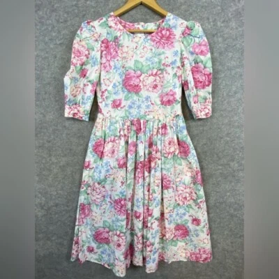Vestido Floral Vintage Años 80 Hecho a Mano Talla 10 Rosa Verde Cottagecore Midi Plisado Foto 1 de 4
