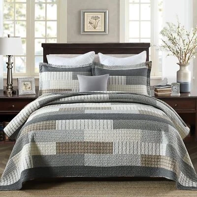 Finlonte Quilt King Size 100% Cotton King Size Quilts Grey Black Brown Bedspr... - Image 1 of 4
