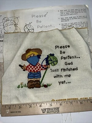 Vintage ‘70s Completed Crewl Art Cowboy Sunset Designs # 630 Please He Patient - Image 1 of 4