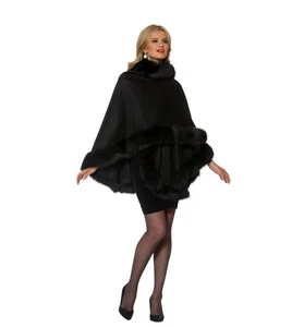 Womens Real Fox Fur Trimmed Cashmere Cape Black - Your Lady - Picture 1 of 4