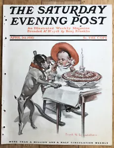 1910 SAMSTAG ABEND POST UMSCHLAG Hund und Baby’s 1. Geburtstag Torte ILLUSTRATION - Bild 1 von 3