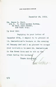 Architect CASS GILBERT 1919 SIGNED LETTER - Woolworth & US Supreme Court Bldgs. - Picture 1 of 1