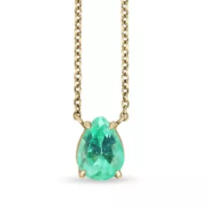 1.07 Carat Bright Colombian Emerald Solitaire Pear Cut Stationary Necklace 14K - Picture 1 of 10