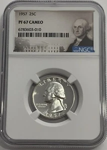 1957 NGC PF67 CAMEO 90% SILVER PROOF WASHINGTON QUARTER 25c PORTRAIT LABEL - Picture 1 of 3