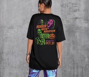 Halloween Horrorfilm Marathon Shirt Vintage Grafik T-Shirt Grusel Skelett Zombie - Bild 1 von 6