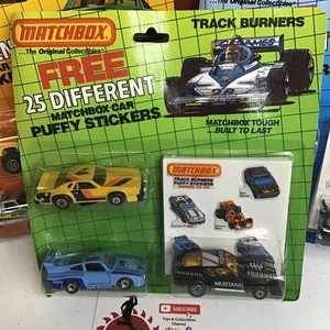 1983 MATCHBOX TRACK BURNERS 3 CAR SET PUFFY STICKERS PORSCHE MUSTANG CHEVY Z4 - Picture 1 of 4