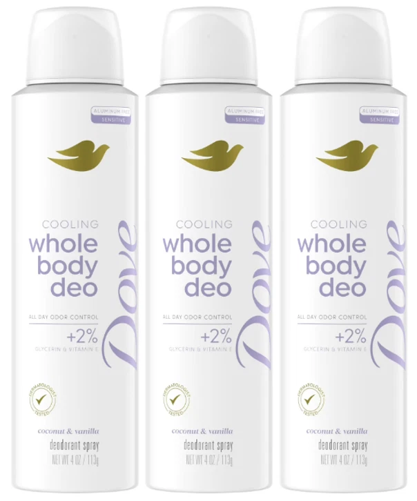 Dove Whole Body Invisible Deodorant Spray Coconut & Vanilla 4oz (pack of 2)
