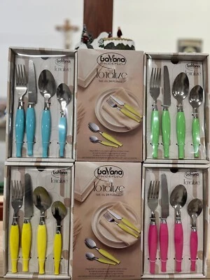 set 24 posate con manico colorato  in 4 colorazioni:verde,giallo,rosa,celeste - Immagine 1 di 2