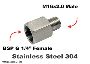 BSP G 1/4" Female to M16x2.0 Male Stainless Sensor Adaptor Fittings Conversion - Picture 1 of 6