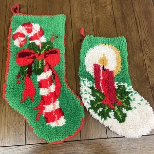 Vintage Latch Hook Christmas Stockings Candy Cane & Candle Large Red Green White - Picture 1 of 10