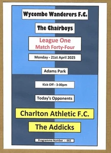 WYCOMBE WANDERERS v CHARLTON ATHLETIC 21.04.25 LEAGUE ONE MATCH PROGRAMME - Picture 1 of 3