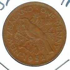 1952 New Zealand Circulated 1 Penny KGVI & Tui Bird Coin!