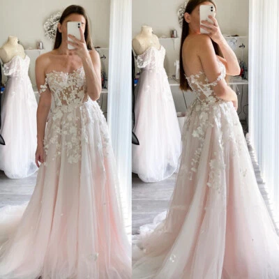 Vestidos de novia rosas de encaje con hombros descubiertos playa 3D flores ilusión vestidos de novia Foto 1 de 4