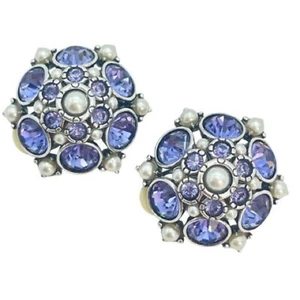 Vintage Joan Rivers Faux Purple Tanzanite & Pearl Earrings | Large Round Clip On - Picture 1 of 11