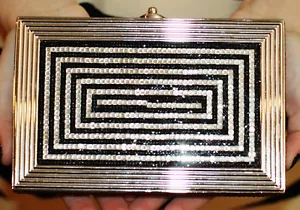 JUDITH LEIBER SWAROVSKI CRYSTAL MAZE RACETRACK MOD MINAUDIERE CLUTCH BOX SILVER - Picture 1 of 12