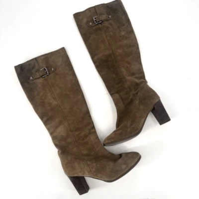 Michael Kors Olive Green Suede Heeled Tall Leather Buckle Boots Size 8 Riding - Image 1 of 4