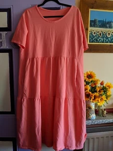 Coral Made In Italy Tiered Smock Midi Dress OS+ Pockets Cotton - Picture 1 of 9