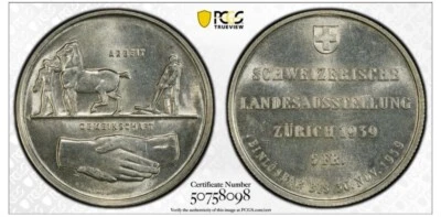 Switzerland 5 francs 1939, Federal Exposition Zurich PCGS MS63 - Image 1 of 4