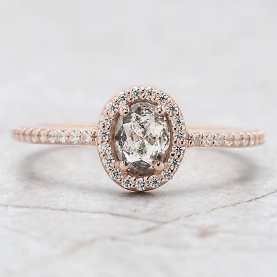 0.51 Ct Oval Cut Salt And Pepper Diamond Ring 14K Rose Gold Engagement Gift Ring - Image 1 of 4