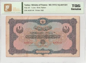 1915-16 Turkey 1 Livre Pick#69 TQG Genuine - Picture 1 of 2