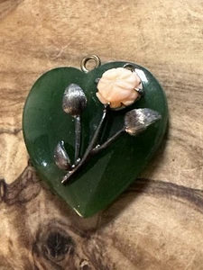 Vintage Anhänger Jade Herz & Koralle silberfarben Blume - Bild 1 von 5