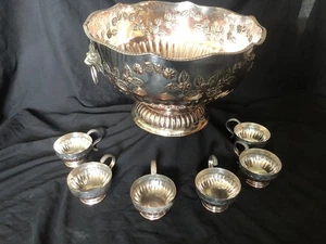 Antique Silver Coated Copper Punch Bowl and 6 Goblets - Picture 1 of 7