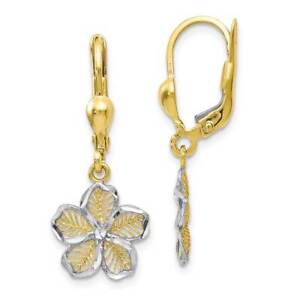 10k Gold Rhodium-Plated Polished D/C Filigree Flower Leverback Earrings 0.82"