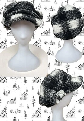 Sombrero de Newsboy Lafenice Negro-Crema Cuadros Hecho a Mano Italia Lana Floral Acento Lateral Foto 1 de 4