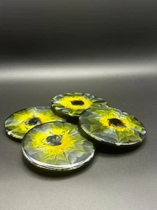 Handmade Resin Coaster Set of 4, Black and Yellow Flower 3.25" Drink Mats - Picture 1 of 5