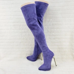 Girlz Revenge Faux Stretch Purple Suede High Heel Platform Thigh Boots - Picture 1 of 12