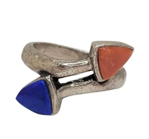 Ann Begay Navajo Sterling Silver Lapis Lazuli Coral Arrowhead Bypass Ring - Picture 1 of 10