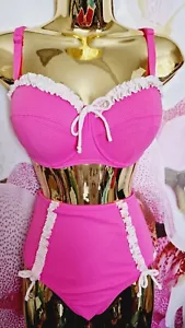 Ann Summer Ladies Hot Pink 2pc bikini Bra Uk 32E High Waist Bottoms Uk 8 Holiday - Picture 1 of 5