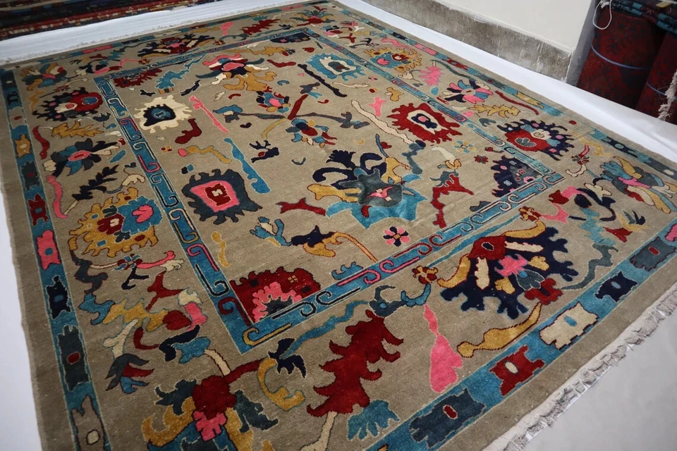 New Oushak Rug 8x10 Hand Knotted Transitional Living Room Area Rug Beige Color - Image 1 of 4