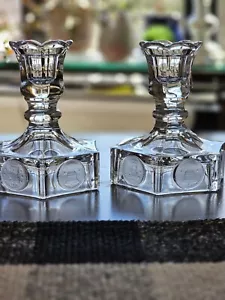 Vtg Fostoria 1970s Coin Dot Hexigon Crystal Clear Pair Of Candle Sticks - Picture 1 of 4