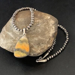 Yellow Bumblebee Jasper Pendant Sterling Silver Beads Necklace 12806 - Picture 1 of 12
