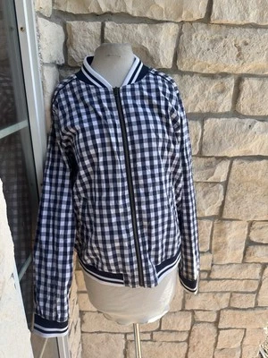Chaqueta Bomber Merona Gingham Mujer Talla XXL 2XL Azul Marino Blanco Bolsillos con Cremallera Completa Foto 1 de 3