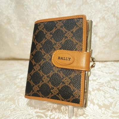 Cartera de cuero plegable BALLY patrón de logotipo negro/bronceado tarjetero usado regalo Foto 1 de 4