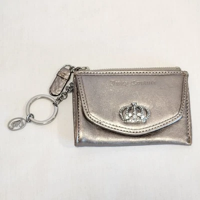 Juicy Couture Y2K Wallet Coin Purse Small Leather Metallic Silver Crown Charm - Image 1 of 4