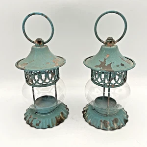 Rustic Metal & Glass Globe Lantern - Tea light Candle - Aqua Blue  - Set of 2 - Picture 1 of 6
