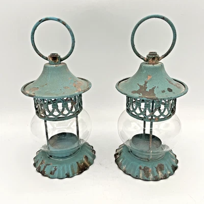 Rustic Metal & Glass Globe Lantern - Tea light Candle - Aqua Blue  - Set of 2 - Image 1 of 4