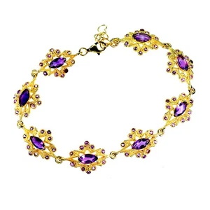 925 Sterling Silver Bracelet Marquise Amethyst Natural Gemstone Jewelry 8inches - Picture 1 of 14