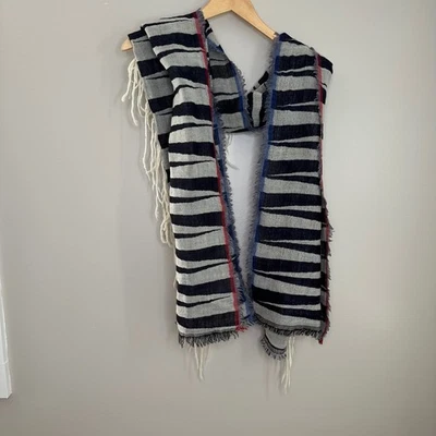 Kemi 100% Wool Scarf Zebra Striped Fringed Lightweight Blue Red Accents - Image 1 of 4